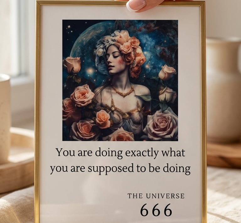 Framed aesthetic angel number 666 print featuring a floral celestial woman and a motivational universe quote.