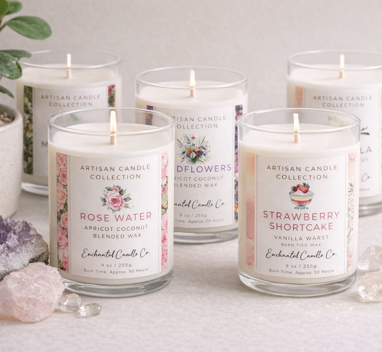 finished candle mockup of candle labels with plant and crystals