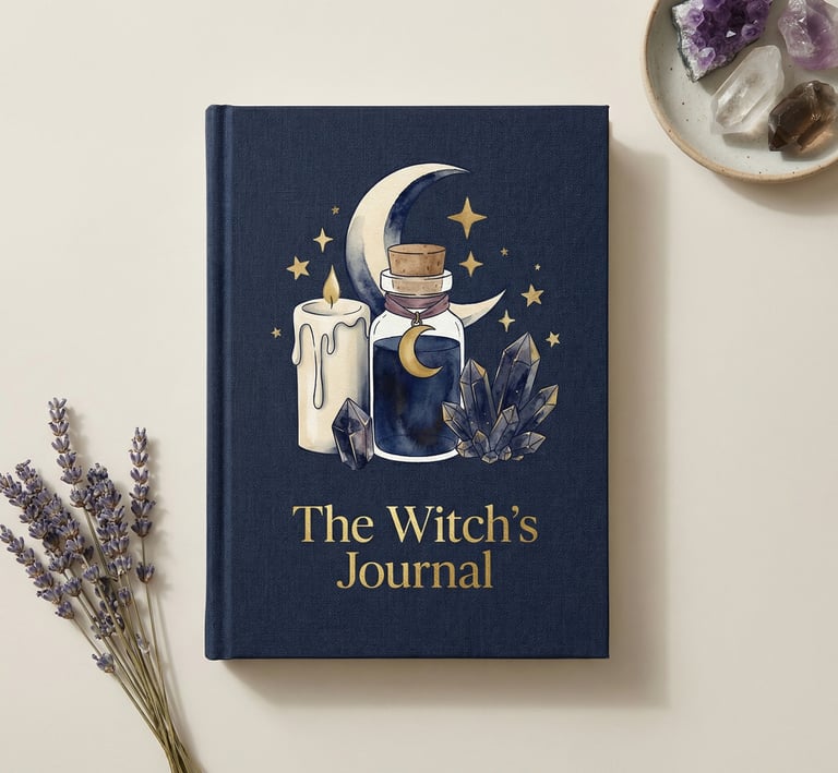 The Witch's Journal with moon and crystal illustrations next to dried lavender and healing stones.