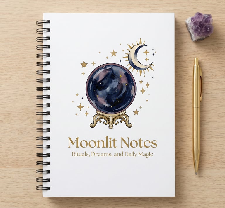 Spiral notebook with a mystical crystal ball illustration, gold pen, and amethyst crystal on a wooden desk.