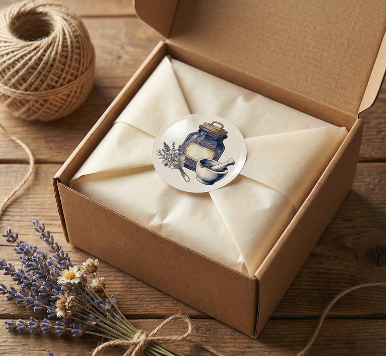 Handcrafted lavender apothecary gift box wrapped in tissue paper with an illustrated botanical sticker.
