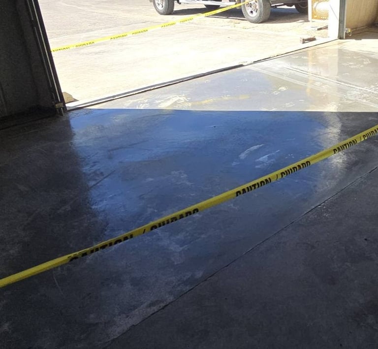 a garage floor with a yellow tape tape tape and a yellow tape tape