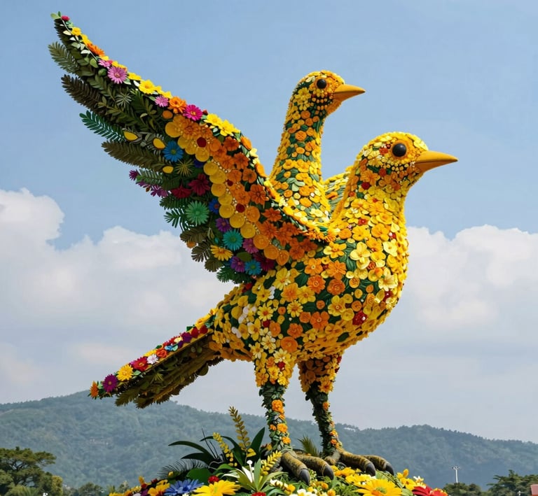 A serene garden with modern sculptures and vibrant birds flying around.