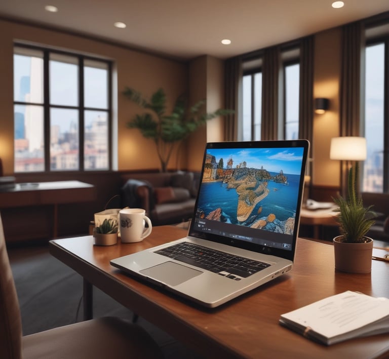 A welcoming workspace with a laptop, notebook, and a cup of tea ready for a friendly chat.