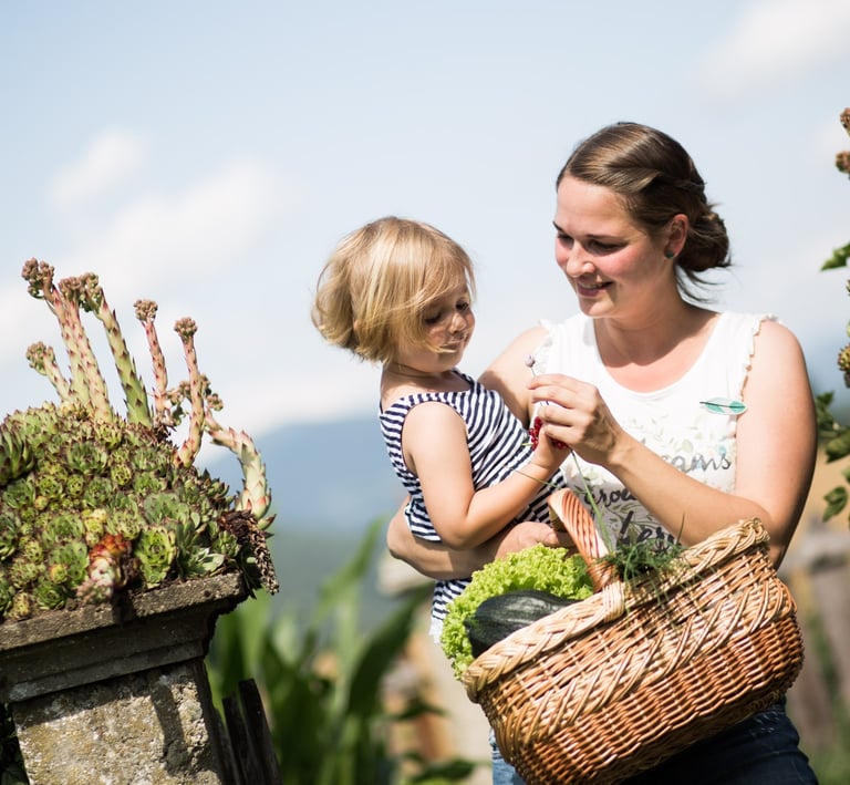 Frische Kräuter und Gemüse werdn im Garten vom Kölblhof geerntet