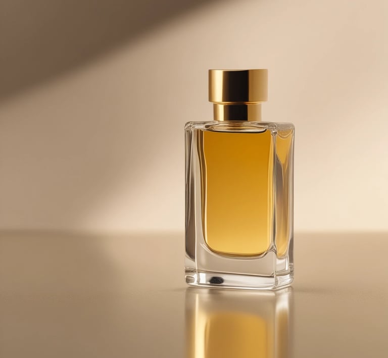 Minimalist perfume bottle resting on a muted gold surface with gentle reflections.
