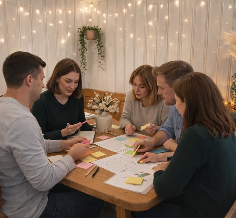A group of people planning and discussing together at a table with sticky notes.
