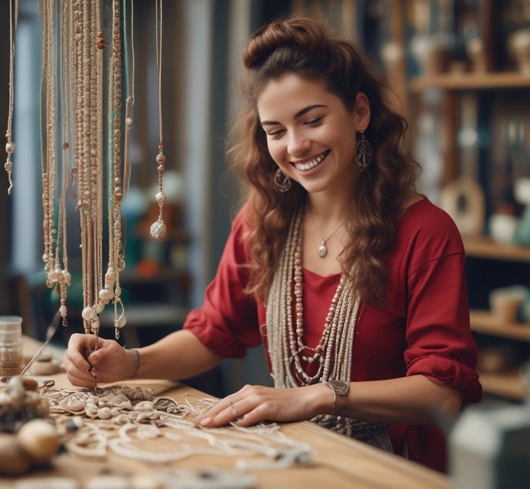 Diseñadora artesanal de joyería sonriente, creando collares de cuentas hechos a mano en un taller 