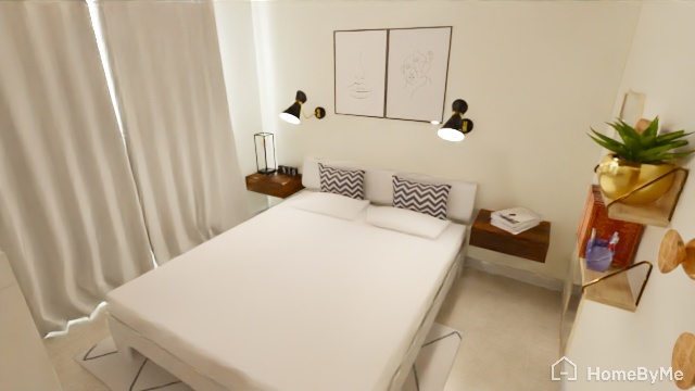 Dormitorio moderno minimalista con ropa de cama blanca, mesitas de noche flotantes y apliques de par