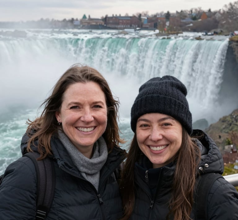 Wide shot of both women standing near the edge of Niagara Falls, their smiles reflecting the sunlight.