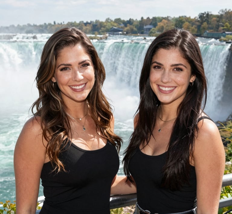 A candid moment of the two friends sharing a laugh with the roaring falls behind them.
