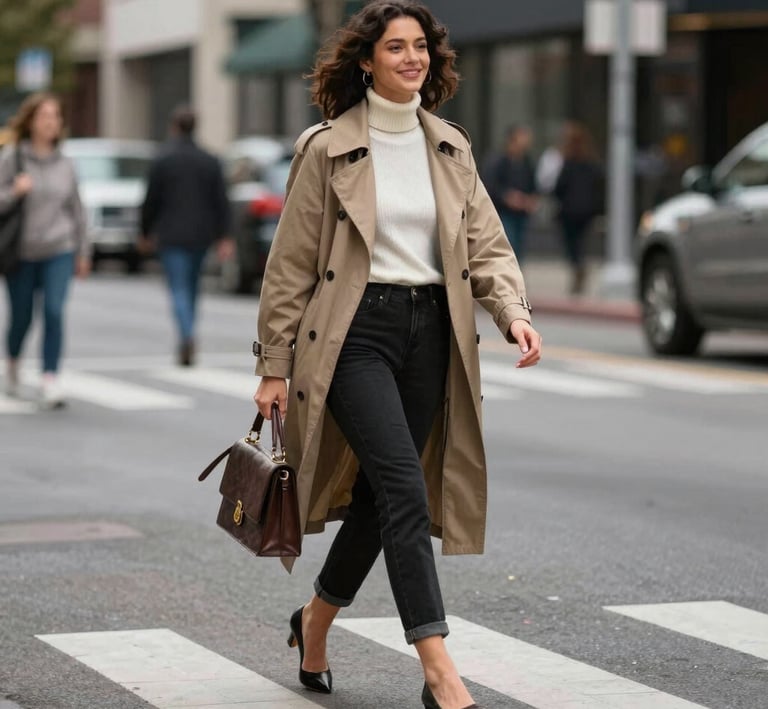A candid shot of a woman laughing while walking down a bustling urban sidewalk.