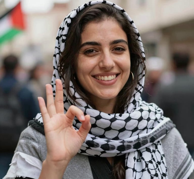 A street vendor sharing a friendly smile with a passerby, framed by traditional Palestinian textiles.