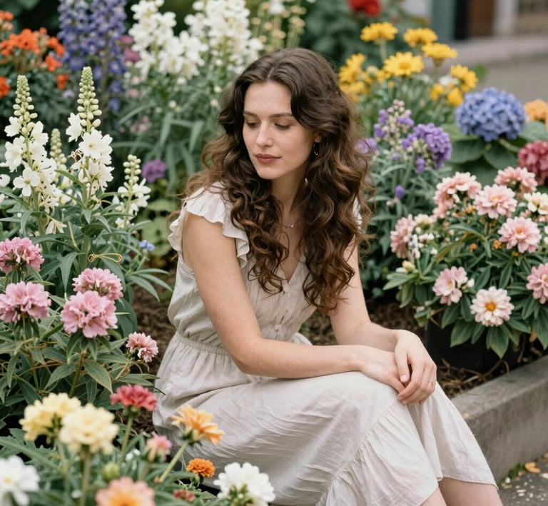 A joyful woman laughing softly while surrounded by blooming wildflowers.