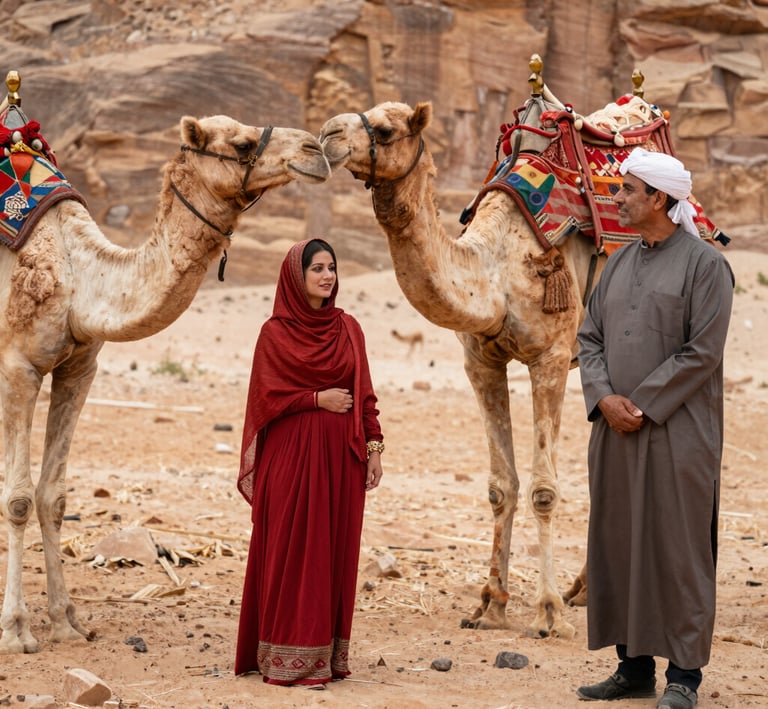 The couple sharing a dance at sunset, camels resting peacefully nearby.