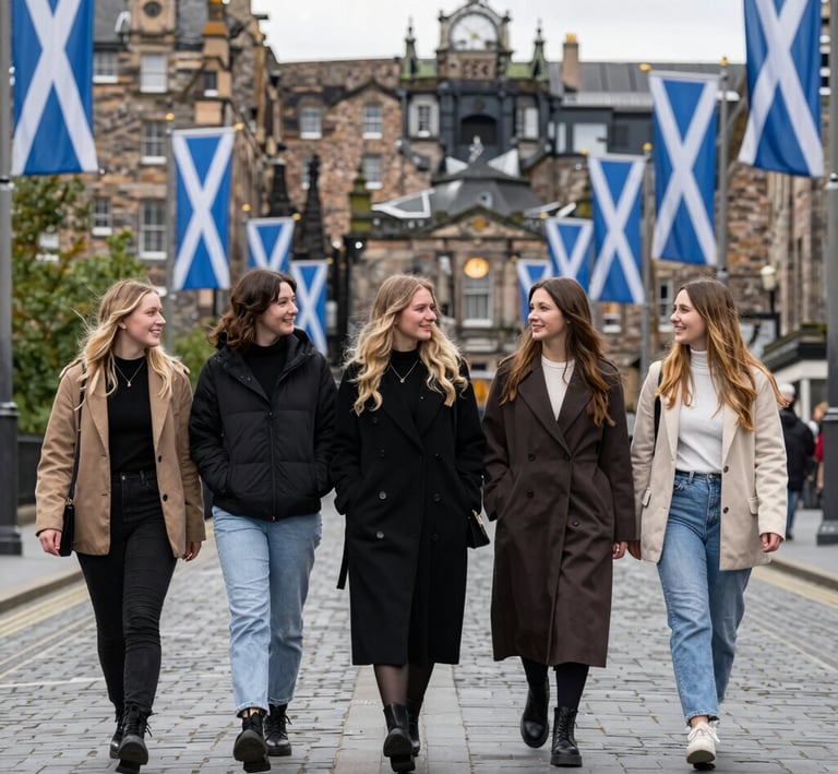 Two women chatting happily while walking down a tree-lined street with soft sunlight filtering through.