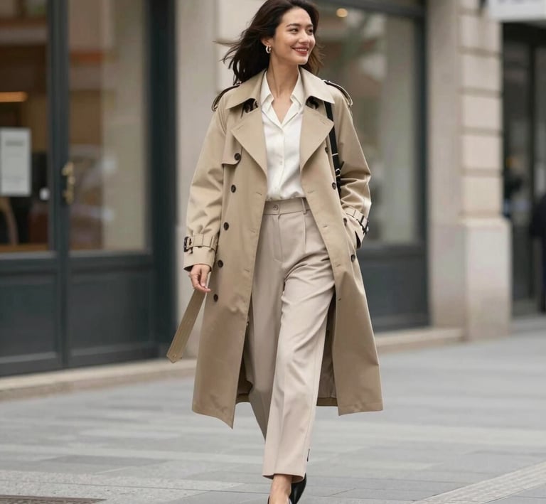 Smiling woman walking in a city wearing a stylish beige trench coat and matching trousers.