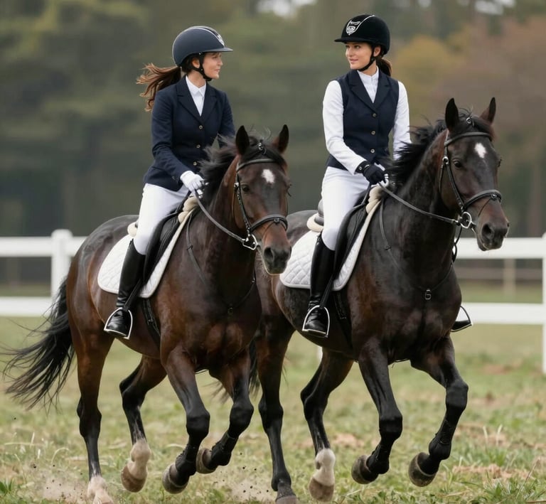 A black and white illustration of two girls joyfully riding a galloping horse across an open field.