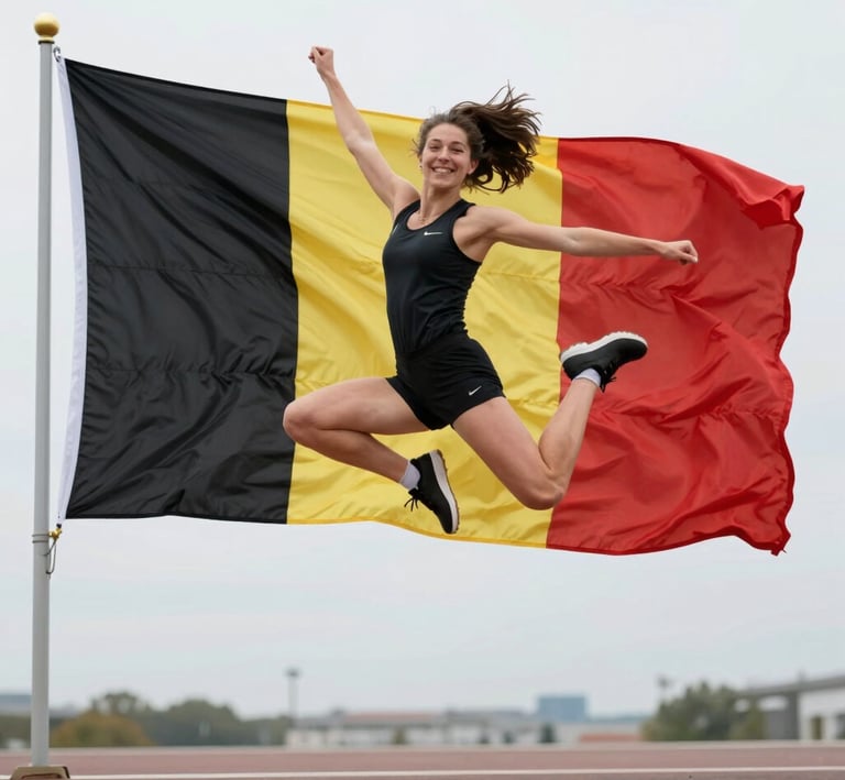 A confident woman posing gracefully near a rustic Belgian farmhouse.