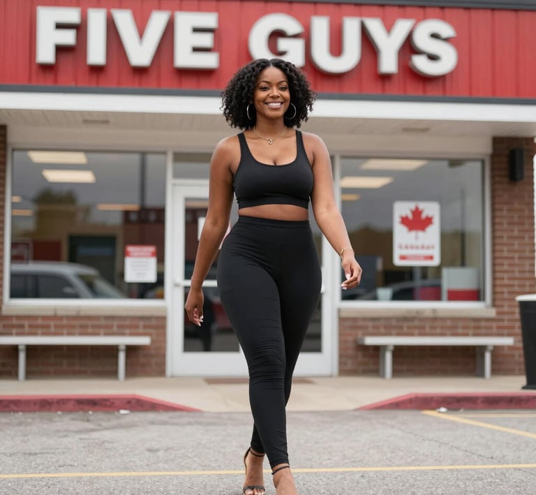A stylish Black woman crossing a busy intersection with modern buildings and autumn leaves around her.
