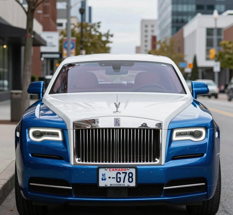 A sleek Rolls-Royce cruising smoothly down a vibrant Mississauga street at sunset.