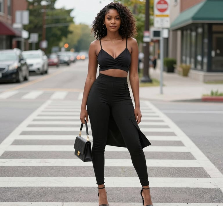 A vibrant portrait of a Black woman confidently walking down a bustling street in Mississauga, Canada, with colorful urban murals in the background.