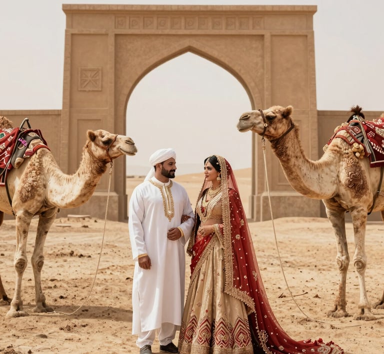 The bride and groom smiling brightly, surrounded by desert dunes and camels.
