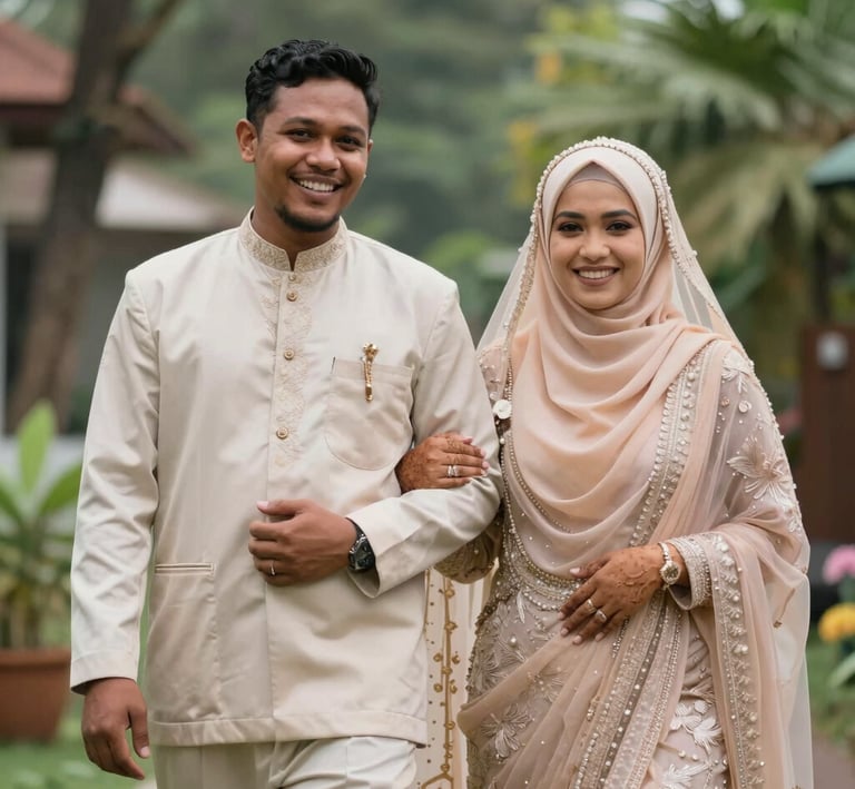 A group of friends and family laughing and sharing happiness outside the mosque after the wedding ceremony.