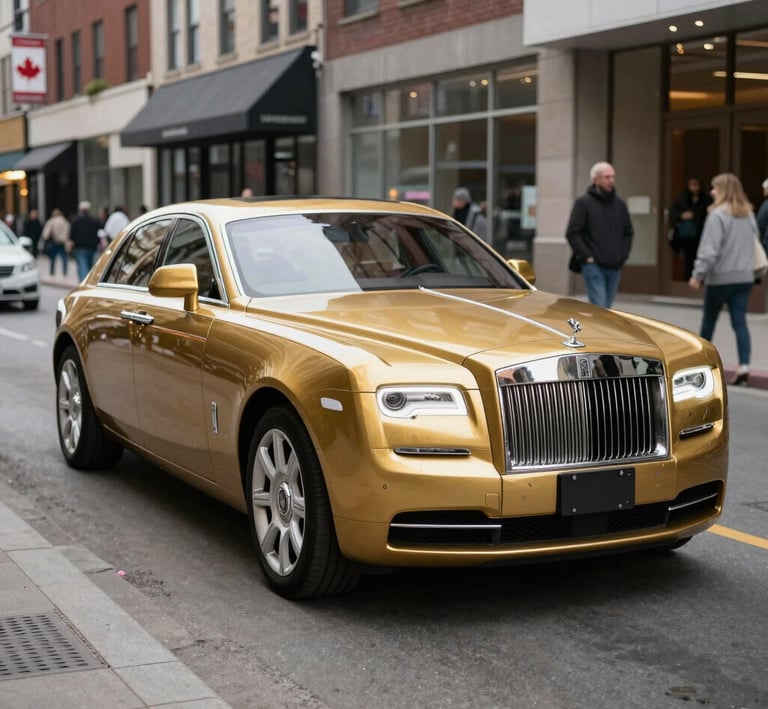 A Rolls-Royce parked by a tree-lined street, bathed in soft afternoon light.