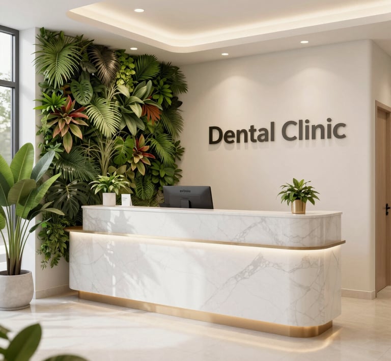 Reception area of a clinic with comfortable seating and warm lighting.
