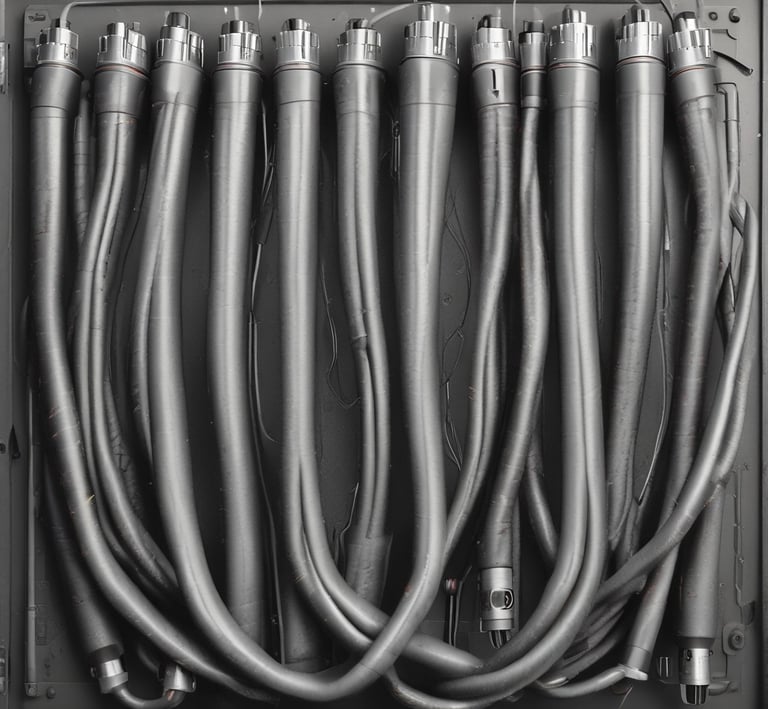 A close-up of high-quality industrial cables neatly coiled with metallic connectors gleaming under soft workshop lighting.