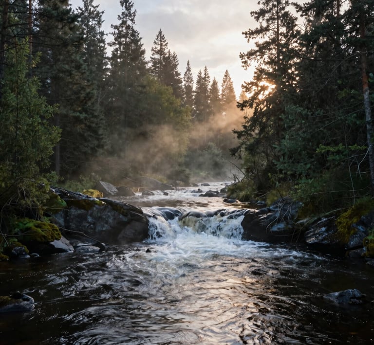 A serene Finnish lake at dawn with mist rising over calm water surrounded by dense pine forests.