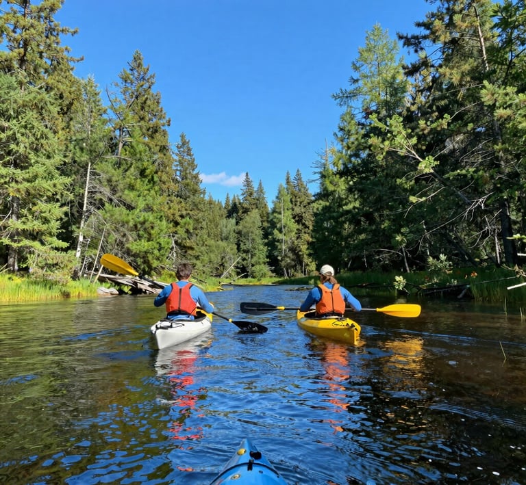Two kayakers paddling through crystal-clear water framed by lush green forest under a bright blue sky.