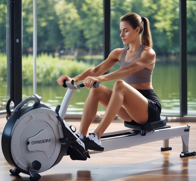 topless man using rowing machine