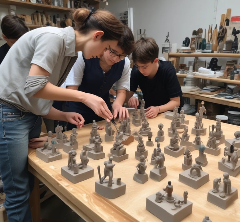 A group of participants engaged in a lively hands-on workshop, collaborating around a table filled with creative materials.