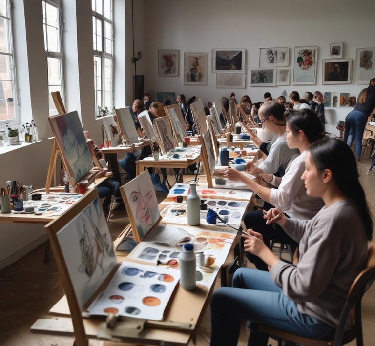 An instructor guiding attendees through a digital design workshop, with laptops open and focused faces.