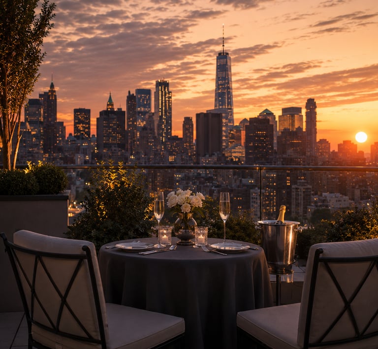 Private rooftop dinner table set for two at golden hour city skyline background luxury experience