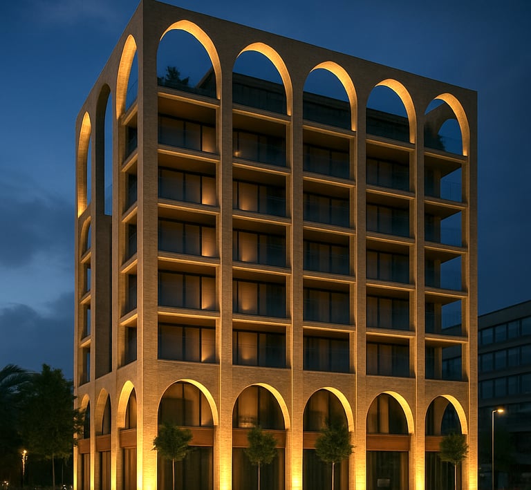 Modern luxury apartment building featuring illuminated brick arches and balcony views at dusk.