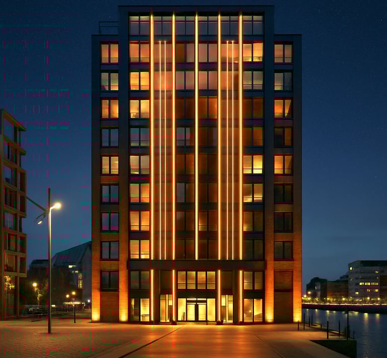 Modern luxury apartment building at night with warm orange architectural lighting and a waterfront view.