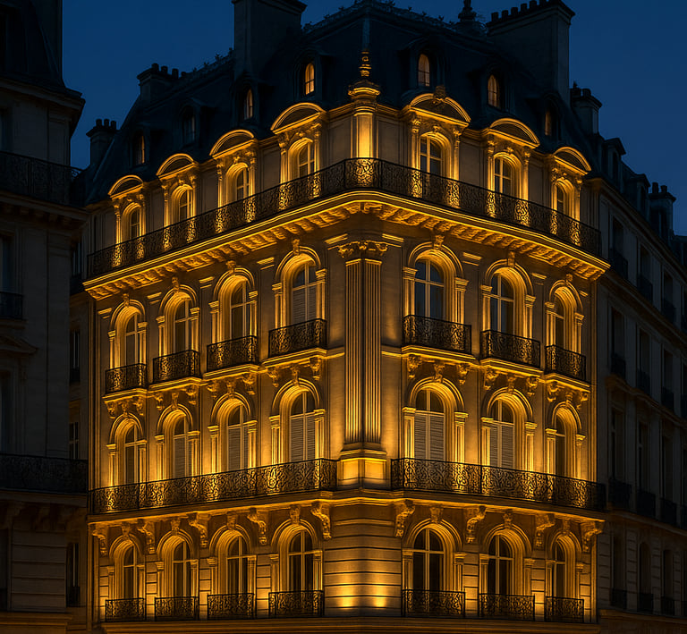 Illuminated classic Haussmann-style architecture building in Paris at night with glowing windows and ornate balconies.