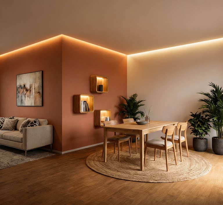 Iluminación lineal en foseado de techo y estanterías de madera a medida.