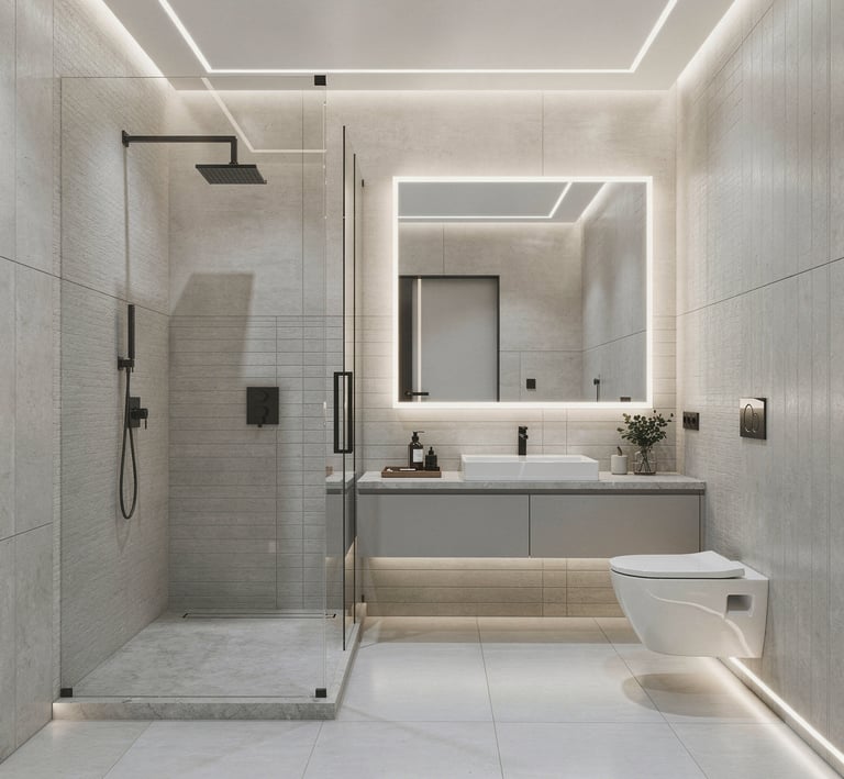 Baño moderno: perfiles LED en techo y espejo cuadrado con iluminación lineal.