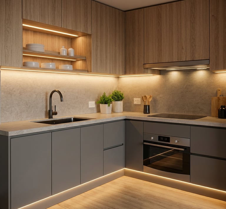 Iluminación continua en cocina: perfiles LED bajo muebles y estantes.