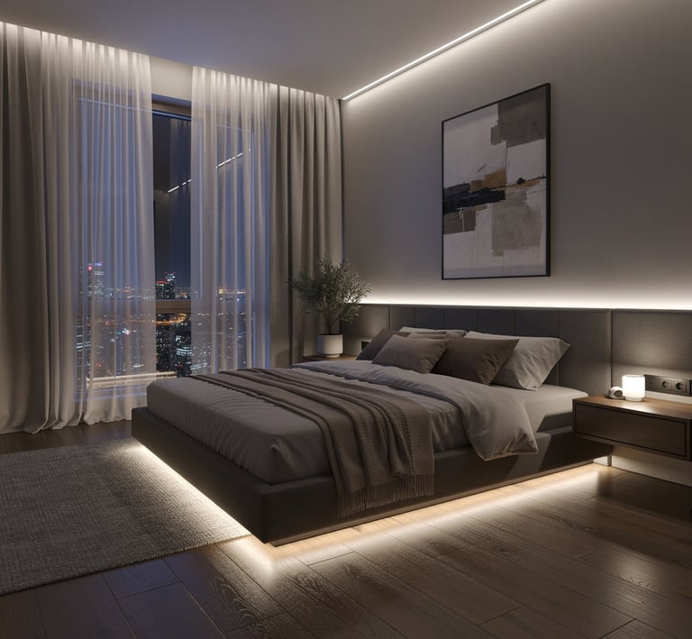 Dormitorio con luz de cortesía: perfil LED en falso techo y luz indirecta.