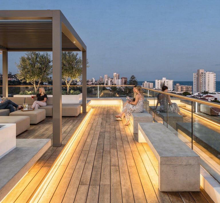 Iluminación de exterior: perfil LED empotrado en tarima y bajo banco.