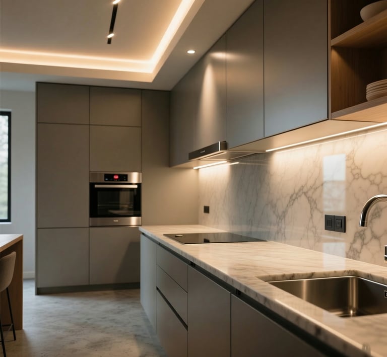 Perfil de encastre bajo muebles de cocina con luz uniforme sobre encimera.