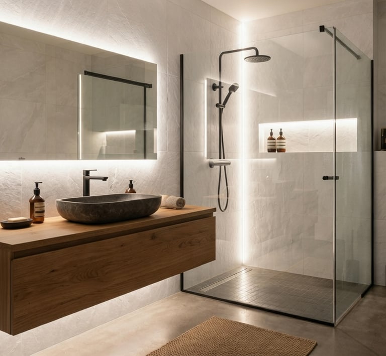 Iluminación técnica: perfil LED en hornacina de ducha y espejo retroiluminado.