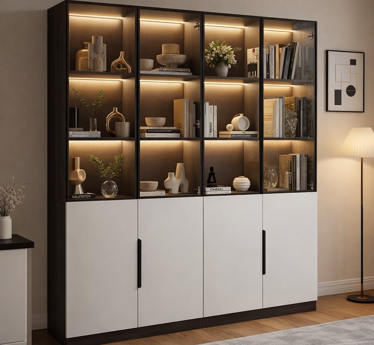 Vitrina con iluminación LED integrada en estantes de madera y luz lineal.