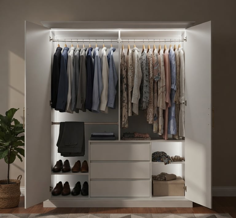 Vestidor con perfiles LED empotrados verticalmente y en la barra de colgar.