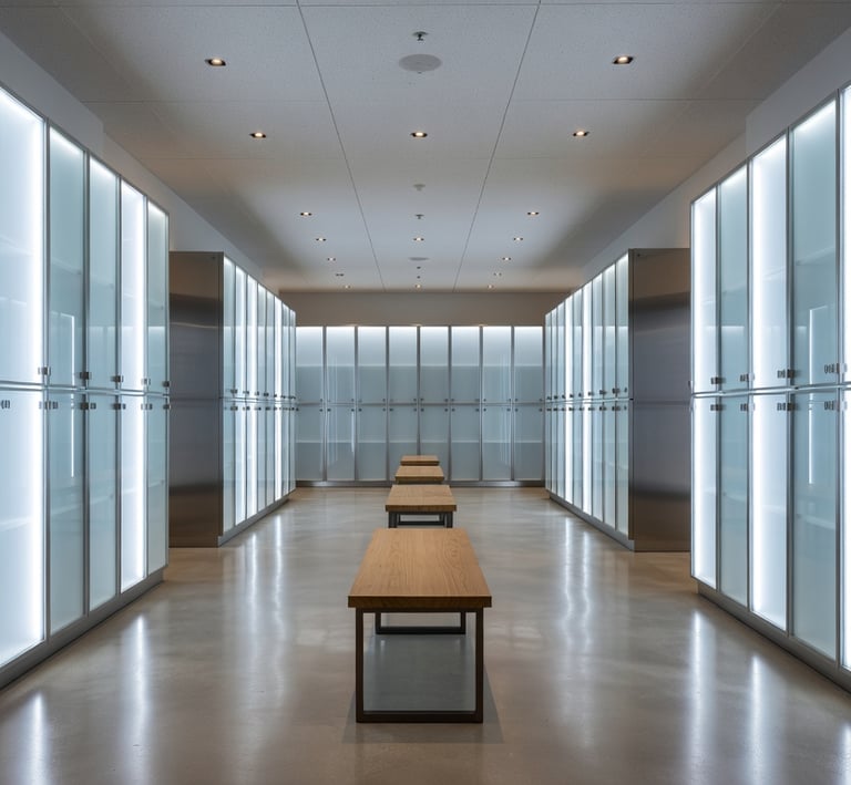 Iluminación comercial en vestuarios: perfiles LED de superficie verticales.